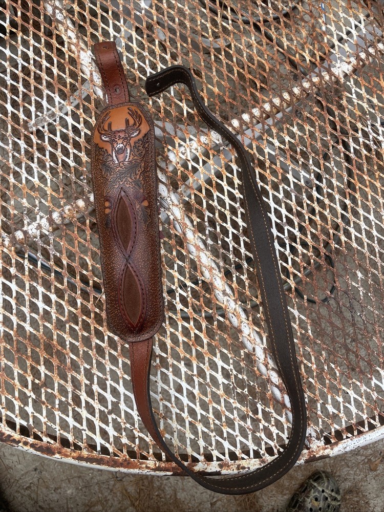 Hunter Rifle Padded Sling Deer Acorn Pattern, Tooled Leather