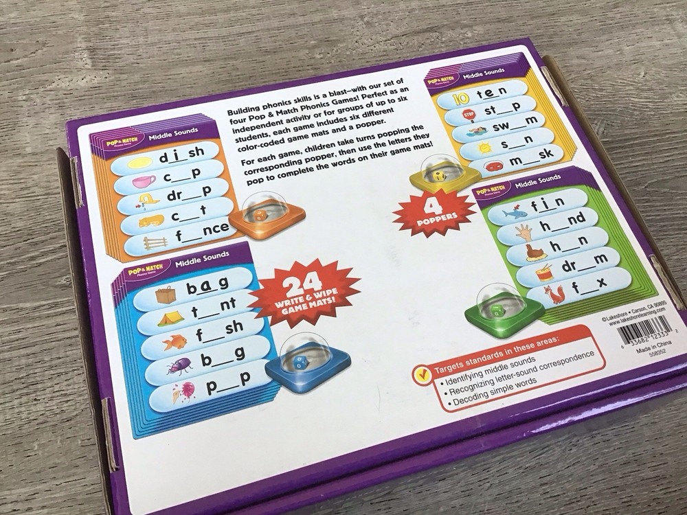 Lakeshore Learning developing games HH747 Pop & Match Middle Sounds Game Box C