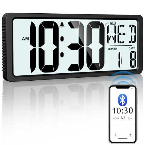 Backlight Digital Wall Clock Battery Operated with Bluetooth Time Sync/No Black