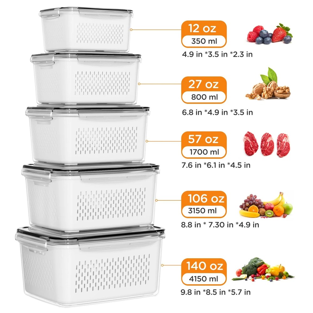 5 Pack Fruit Storage Containers for Fridge with Removable Colanders and Lids, 5