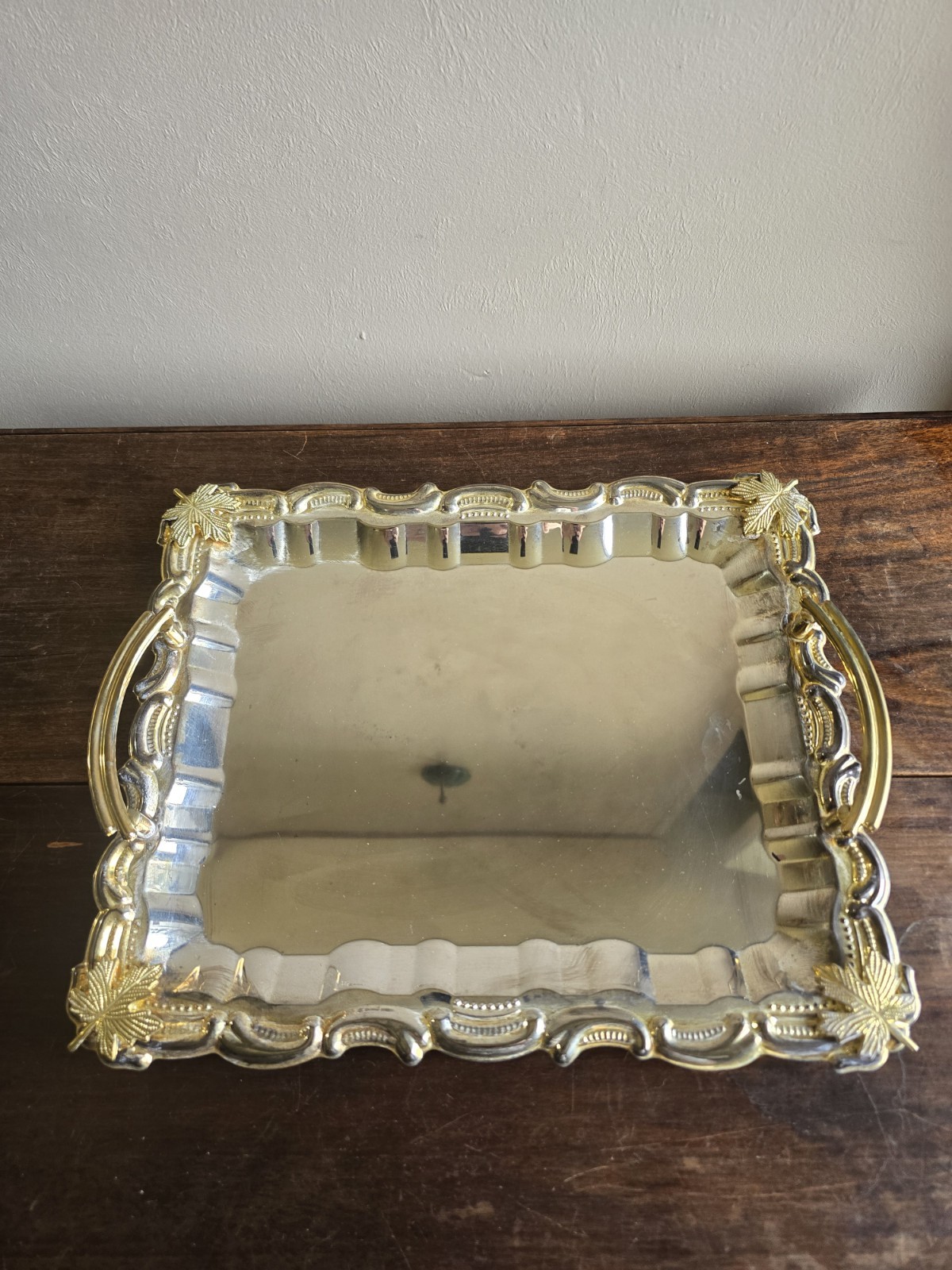 VTG Set Of 2 Dakco Silver Plated Retangle Baroque Trays W/Gold Handles & Leaves