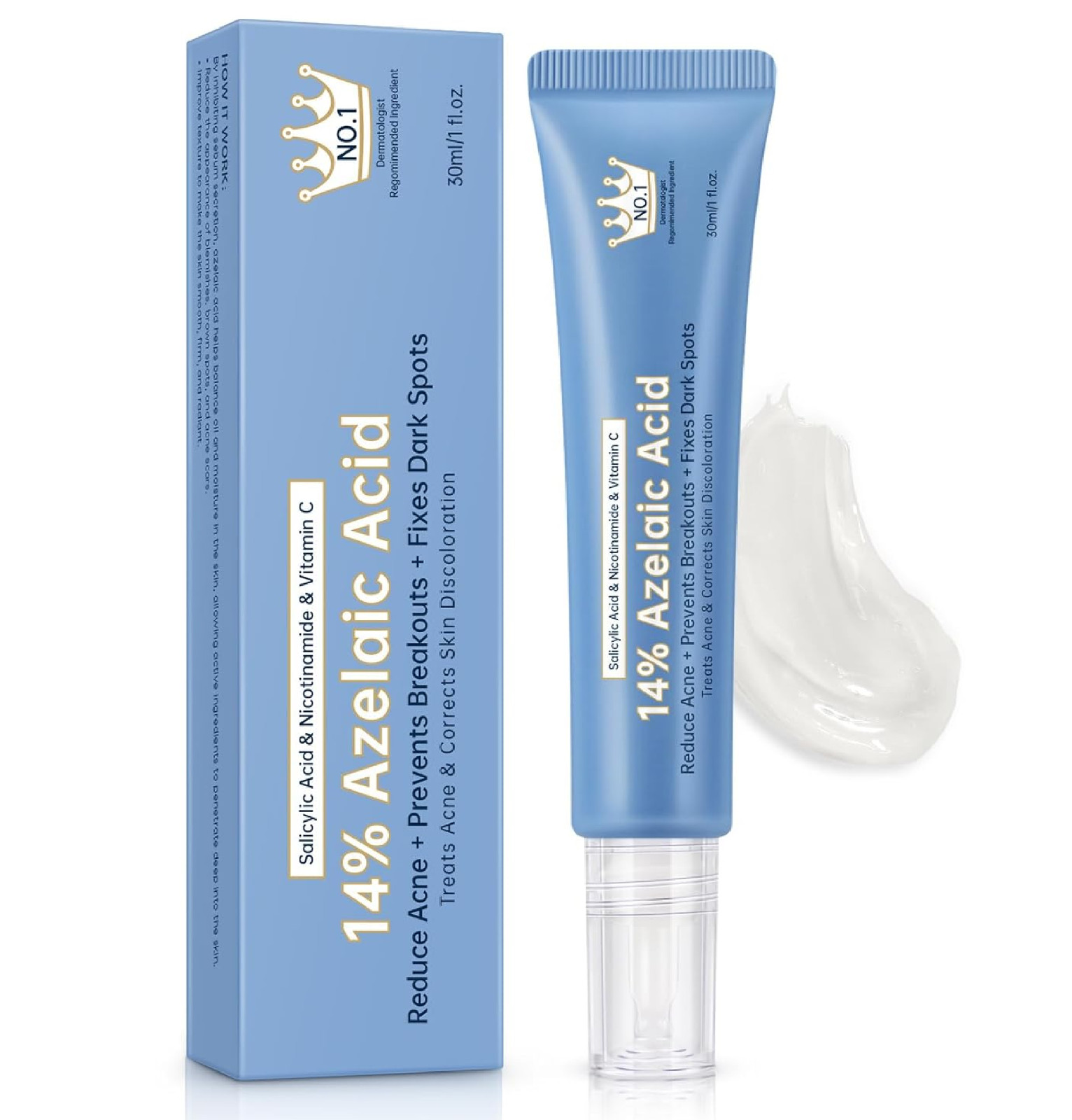 Azelaic Acid 14% Acne Cream for Redness Relief, Dark Spots, Facial Serum with Ni