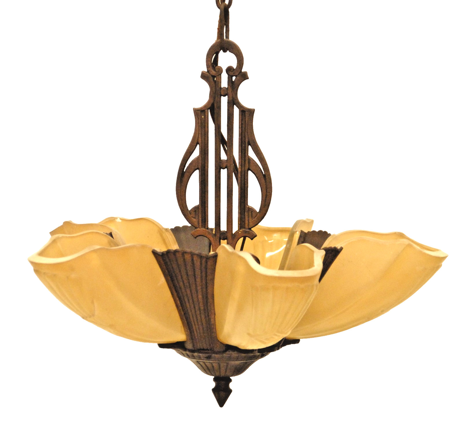 1930's ART DECO FIVE LIGHT SLIP SHADE CHANDELIER HANGING LIGHT GREAT PRICE!