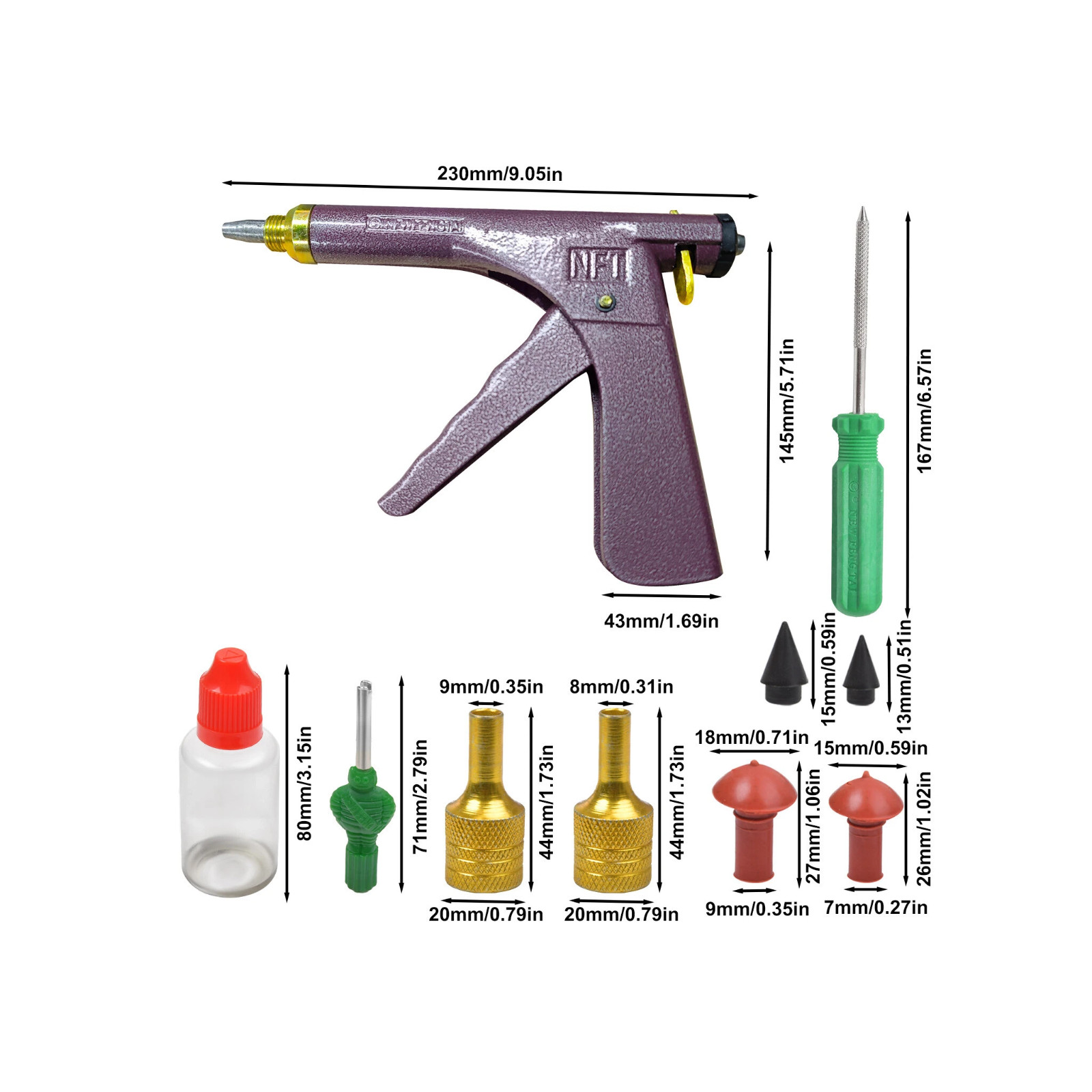 Tubeless Tire Gun Puncture Repair Kit Tire Patch Tool with Mushroom Plug Nozzle