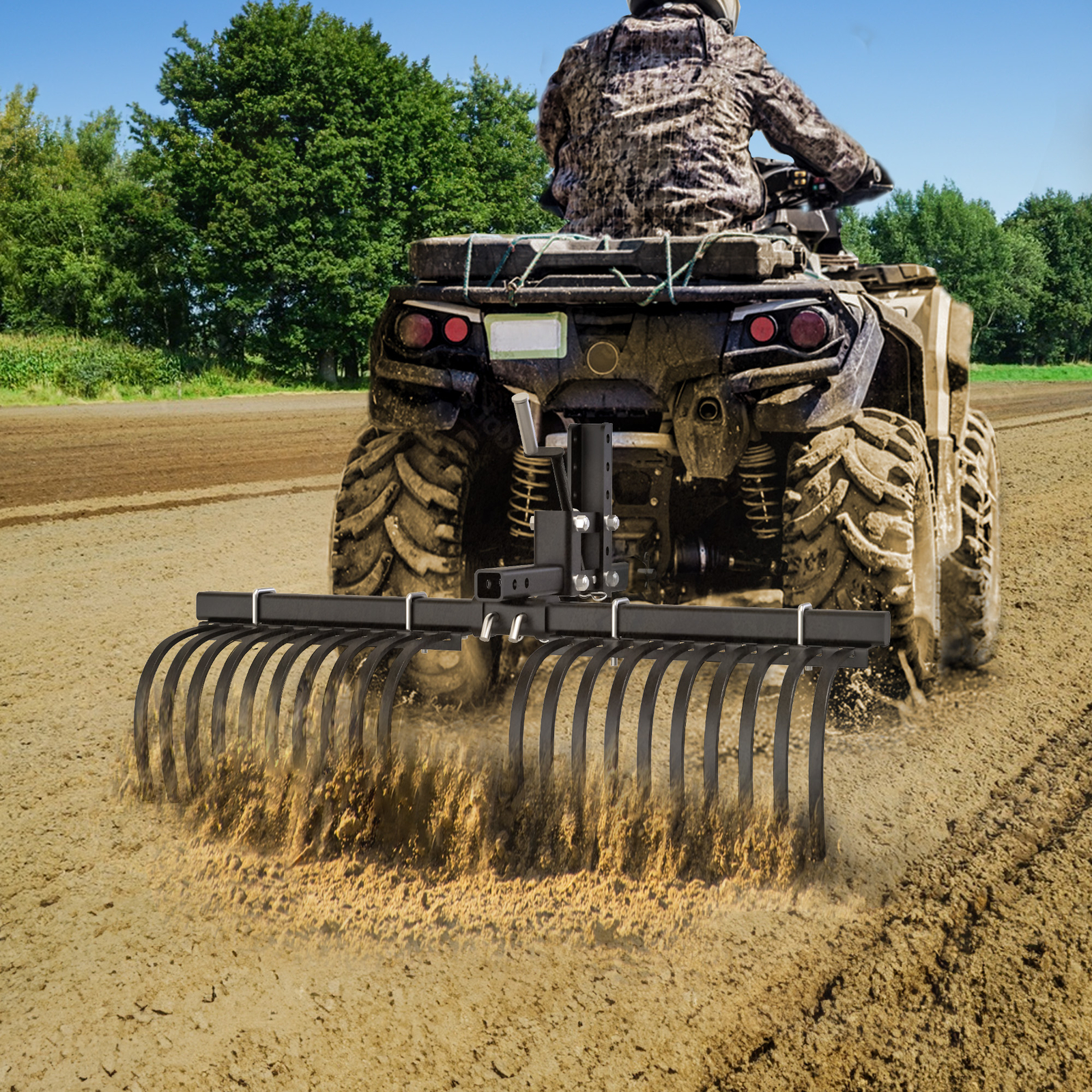 ATV/UTV Landscape Rake Implement W/1-Point Lift System Tractor Removal Rock Lawn