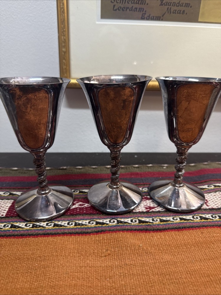 Vtg Set of 3 Kings Plate EP Brass Silver Wine Goblets  5” Tall  24182