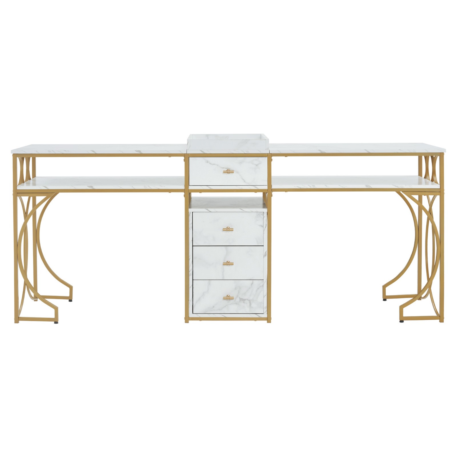 Double Manicure Table 2 person,Nail Station Marbling Texture with Storage Drawer