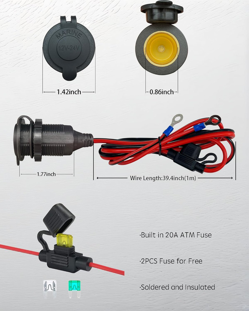 3FT 12V Fixed Thread Cigarette Lighter Socket Extension Cable, 12V Waterproof Ou