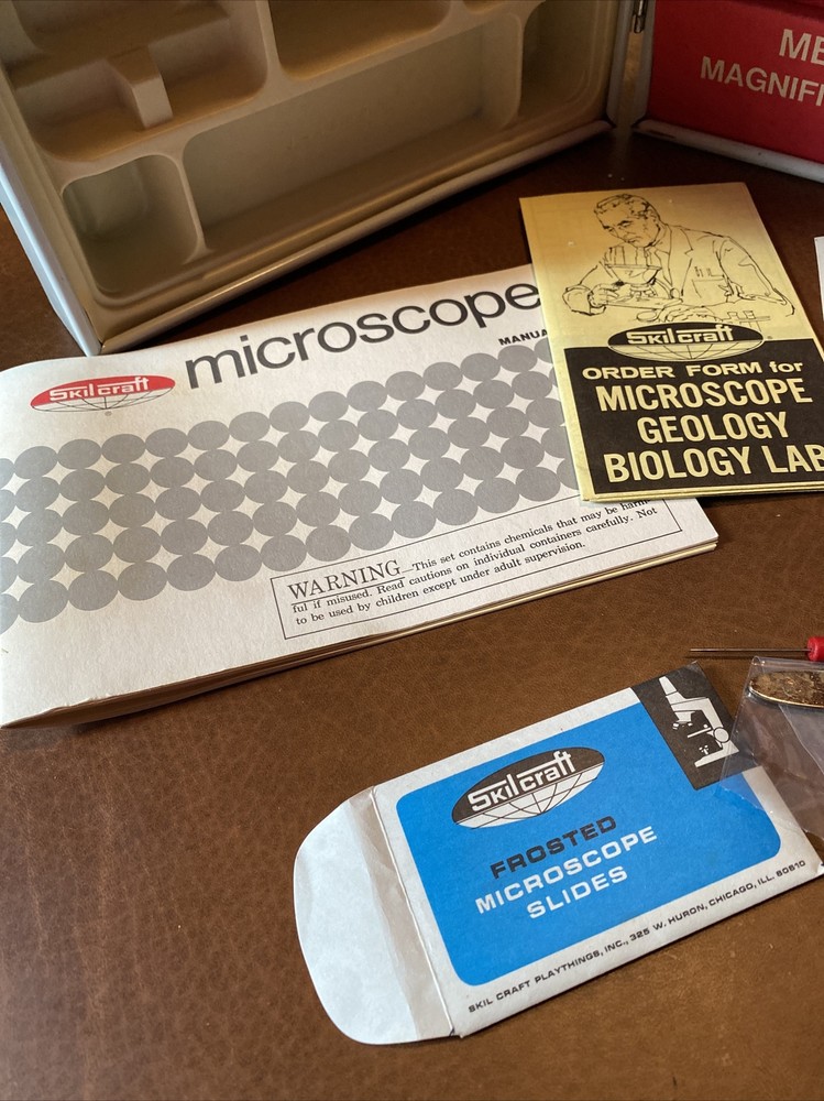 1970s Skilcraft kids microscope, metal microscope, case, instructions
