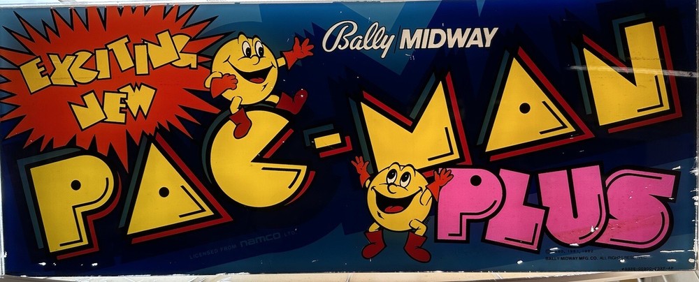 Original Bally/Midway “PACMAN PLUS” MARQUEE HEADER OVERLAY