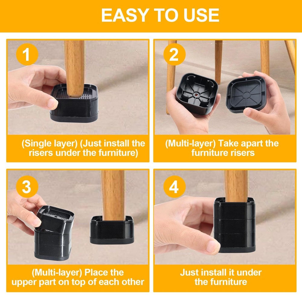 Furniture Risers 4 Pack Adjustable Bed Lifts 1.38 inch Stackable Heavy Duty