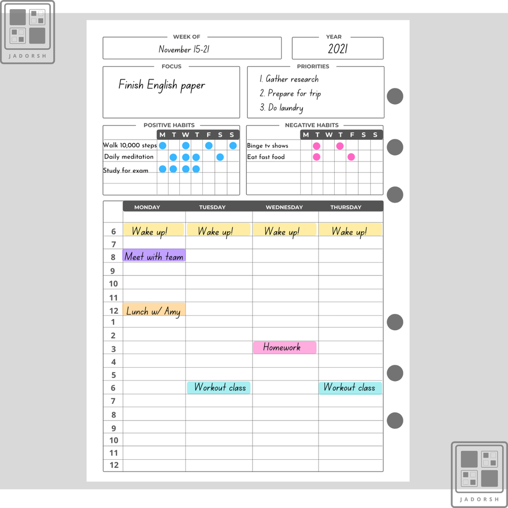 Printed A5 A6 Personal-Size Weekly Planner Insert Refills 50sheets [100Pages]