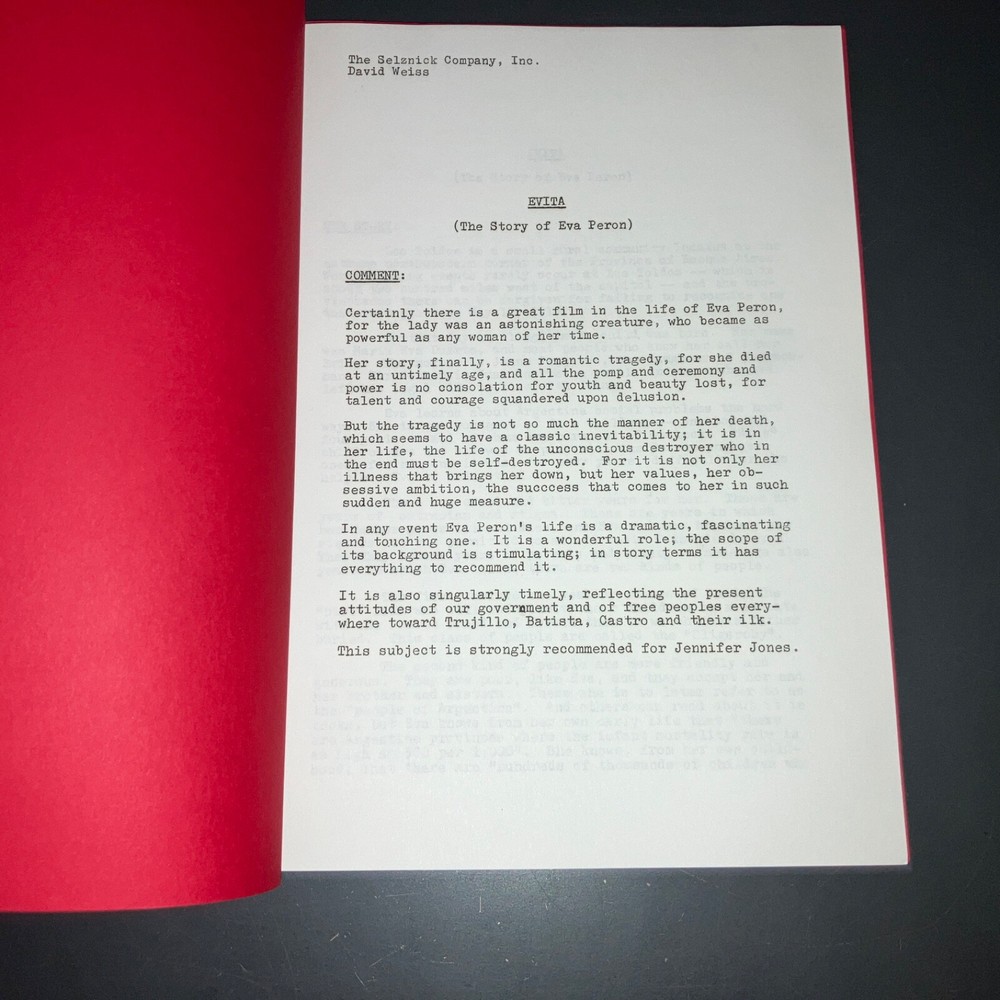 EVITA (c1940-50s) Selznick EVA PERON Script Development Report & Synopsis + COA!