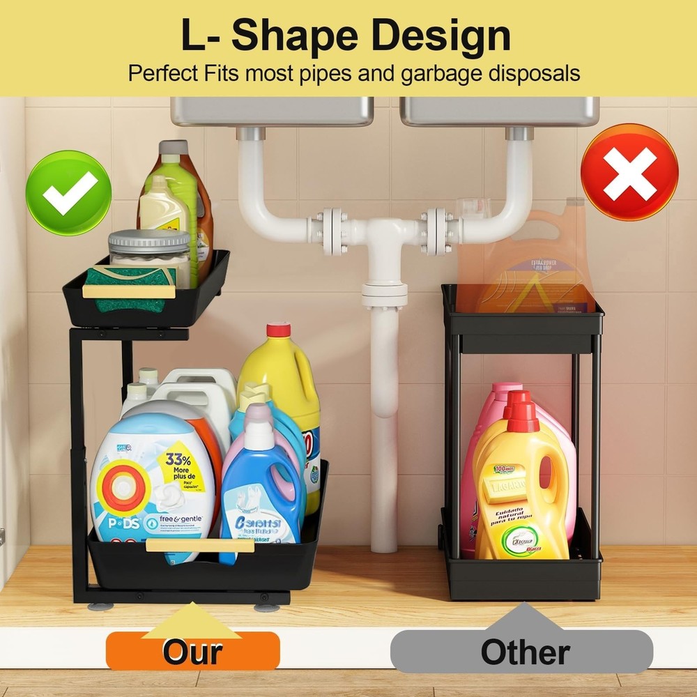 2 Pack Under Sink Organizer,2 Tier Pull Out Adjustable Height Under Cabinet S...