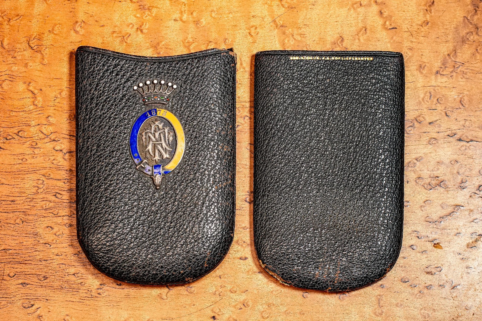 Austrian Antique Victorian Leather Cigar Case Silver Enamel Armorial Tobacciana