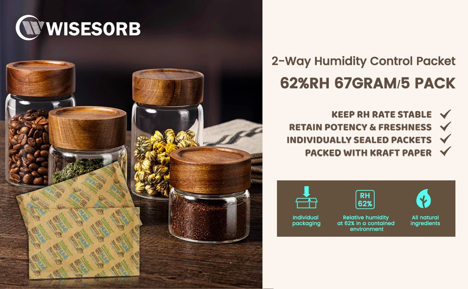 62% RH 67 Gram 2-Way Humidity Control Packs for Storing 1lb Individually Wrapped