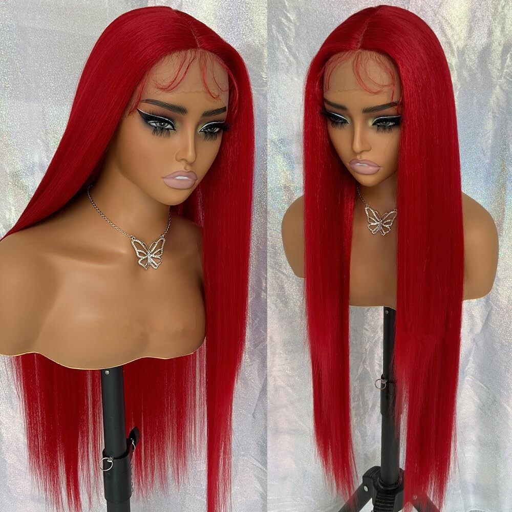 Women Red Hair Lace Front Wigs Synthetic Long Straight Wig Heat Resistant Party