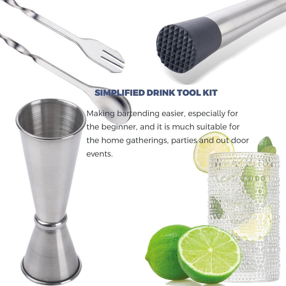 Muddler for Cocktails Set 3 Piece Silver Spoon Jigger Mixing Tools