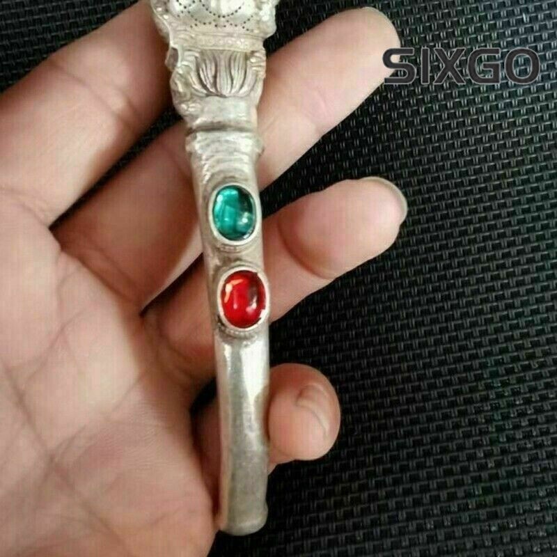 Old Chinese tibet silver hand-carved Dragon phoenix inlay gem pipe Smoking tools