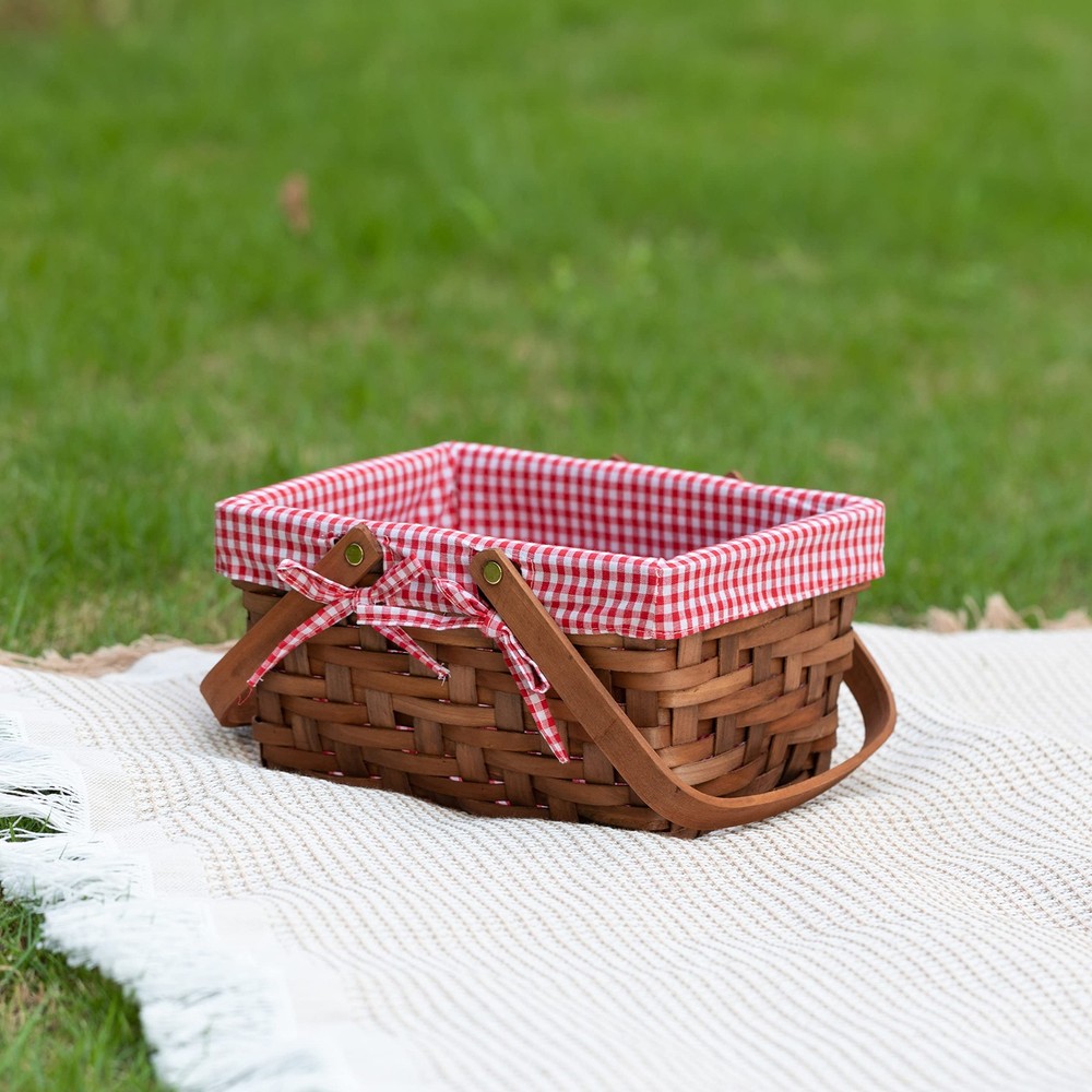 Wickerwise Small Rectangular Woodchip Picnic Baskets with Double Twin, Brown