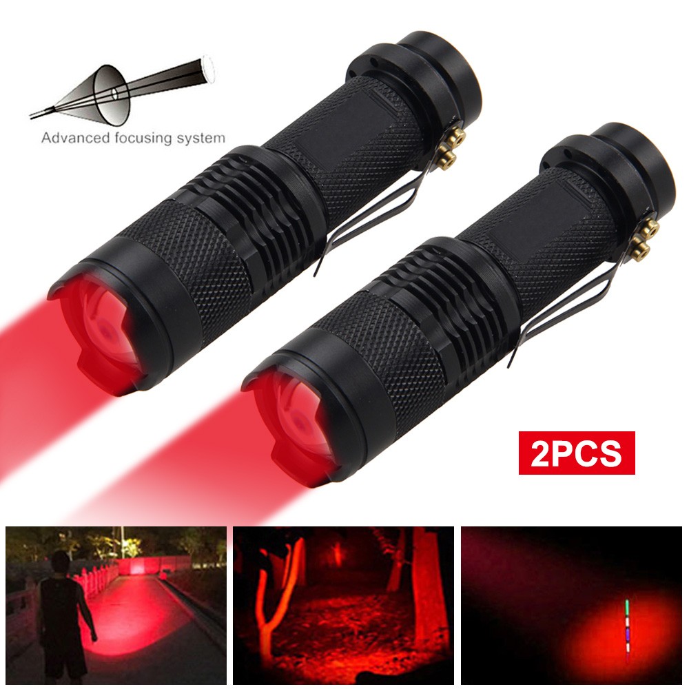 2Pcs Mini Powerful Red Light LED Flashlight 3Modes Night Vision Lamp Zoom Torch