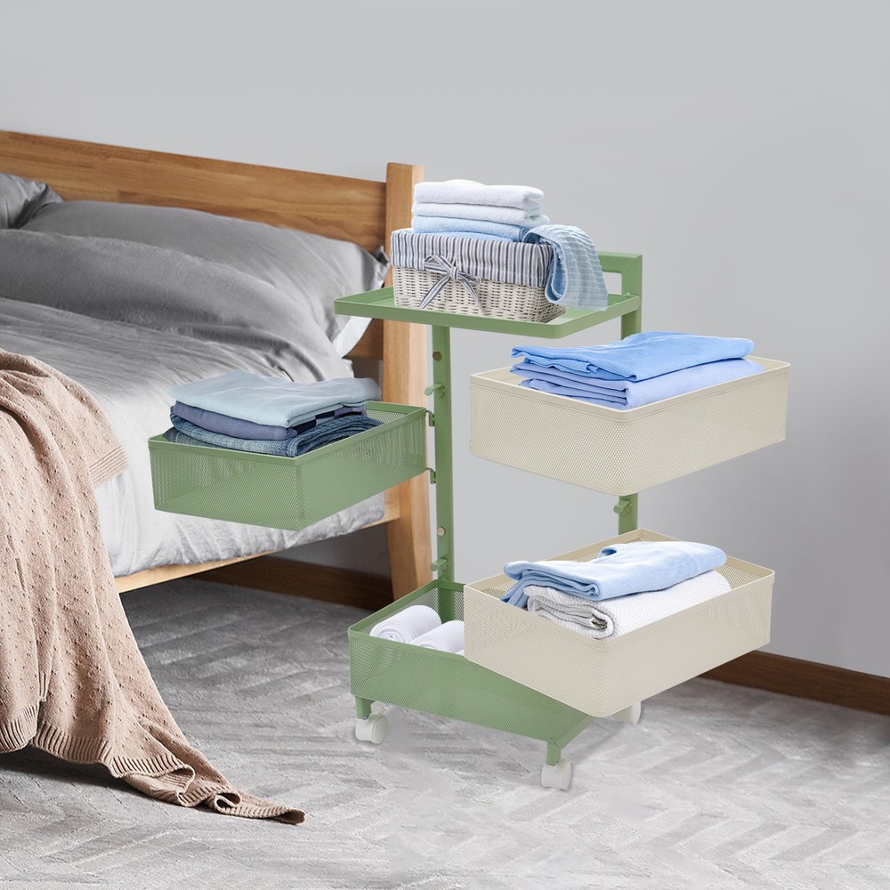 Rotating Storage Rack with Wheels, 4 Baskets, Green Modern Design