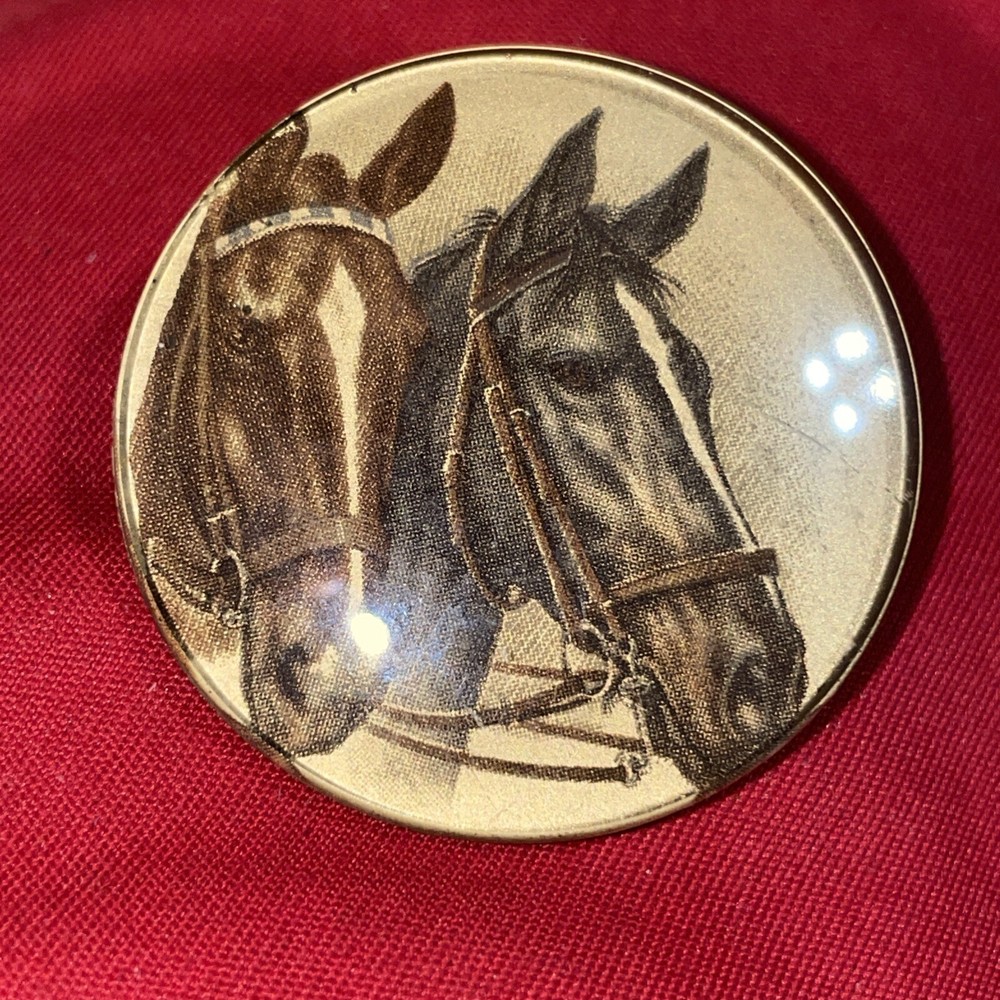 2-HORSE HEAD Portrait  Brooch Gold Tone 1-5/8"