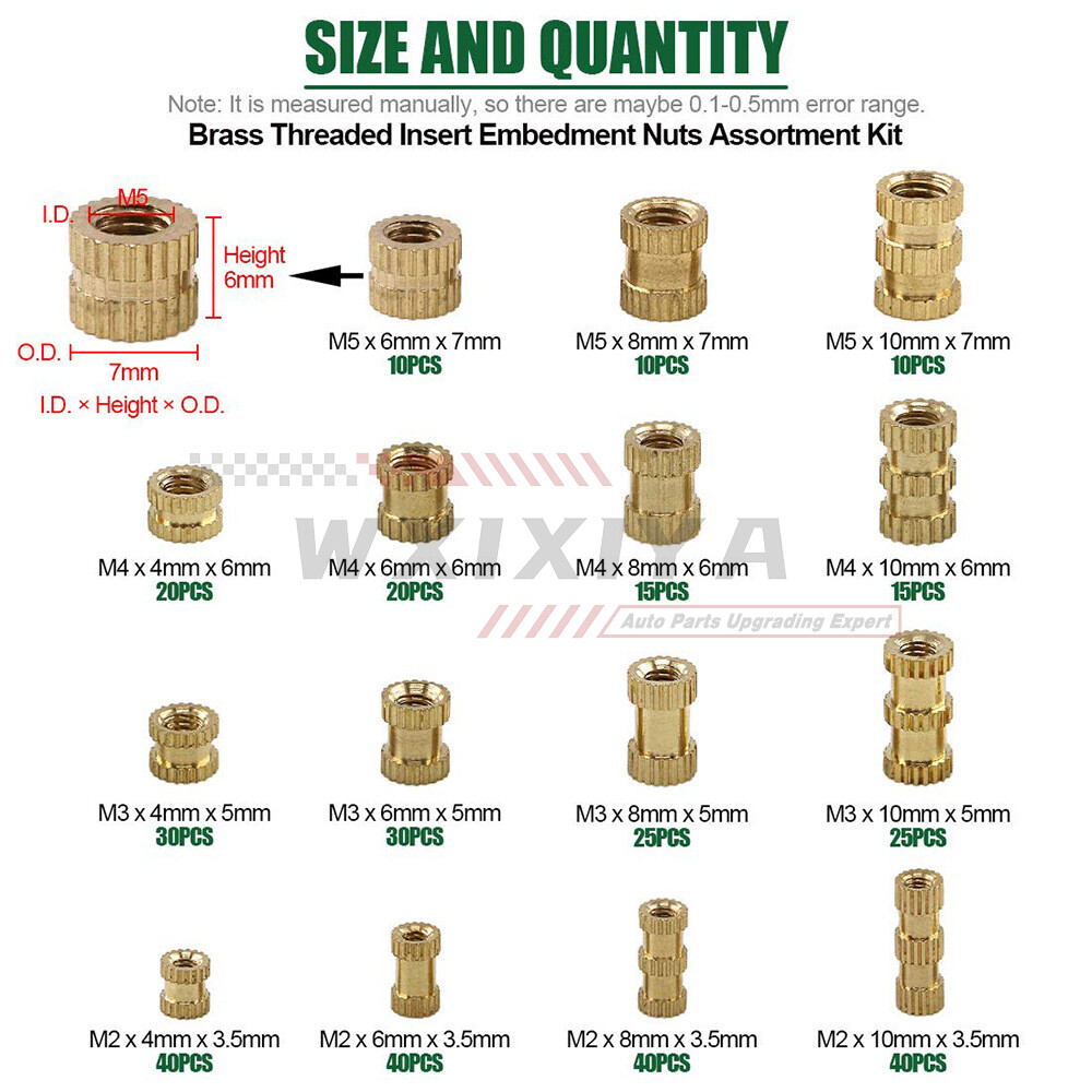 370 Pieces M2-M5 Solid Brass Knurled Nut Injection Thread Insert Fmbedded Nuts