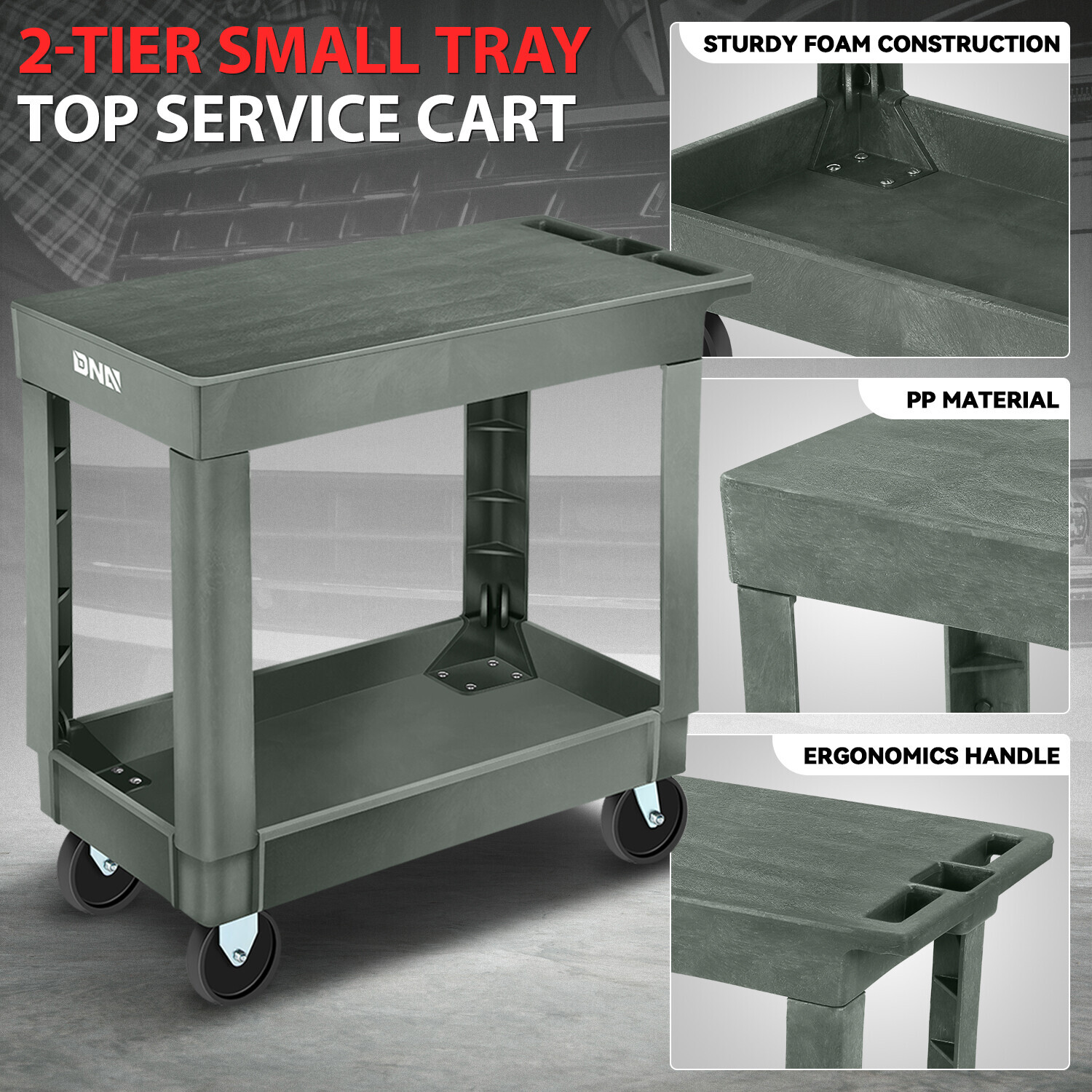 2-Shelf PP Warehouse Garage Office Small Flat Top Rolling Service Utility Cart
