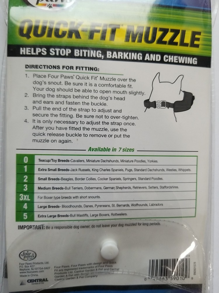 Four Paws Quick Fit Adjustable Dog Muzzle Black Size 1 XS For Small Breeds