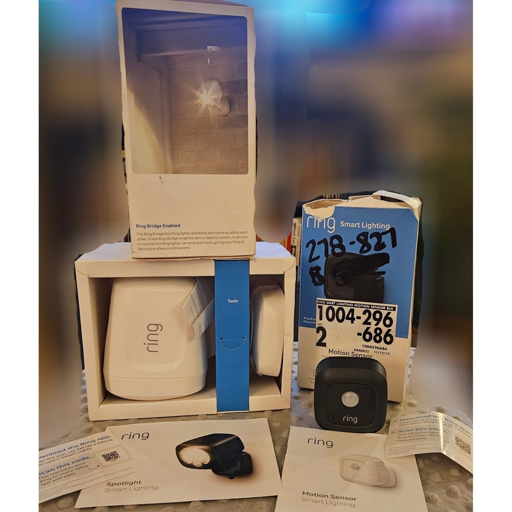 Ring Smart Lighting Spotlight White and Motion Sensor Black Bundle New Open Box