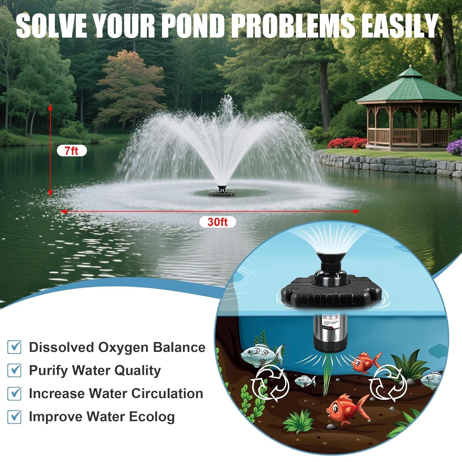 1HP 15000GPH Pond Fountain Aerator 750W Pond Fountain Floating Aerator Pump