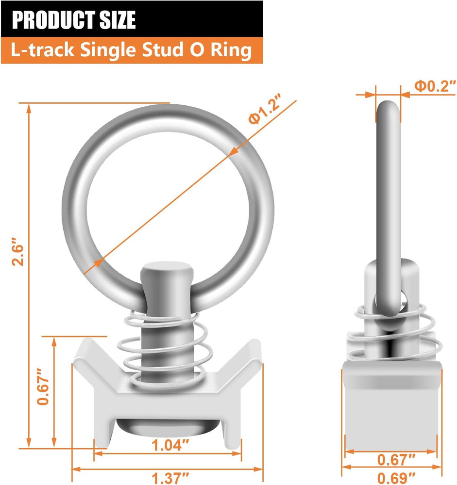 8Pack L Track Single Stud Fitting with Round O-Ring Silver, L Track Tie Down, L-