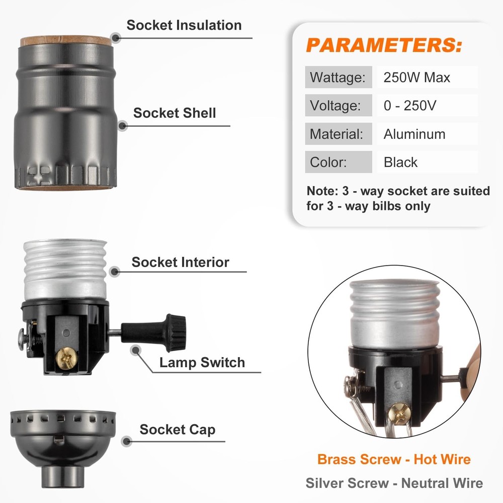 3 Way Dimmable Socket Kit - E26 Base, Turn Knob for Low-Medium-High Light Set...
