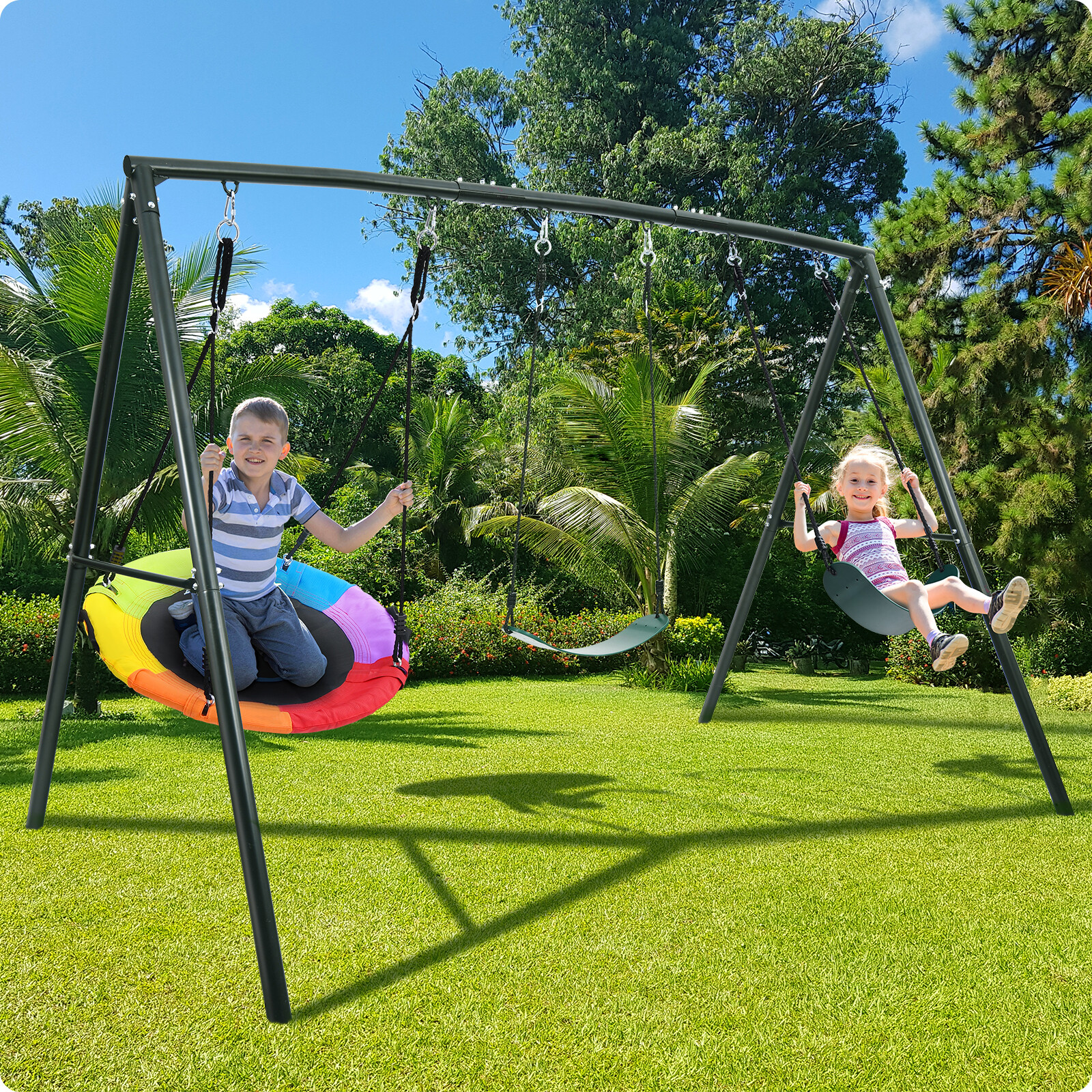 600lb Metal Swing Set with 3 Swing Kids Backyard Swingset Heavy Duty Swing Stand