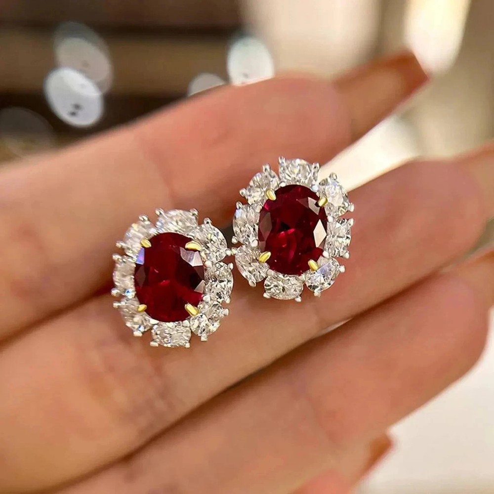 5.00 Ct Oval Cut Natural Ruby Diamond Earring 14K Solid White Gold stud