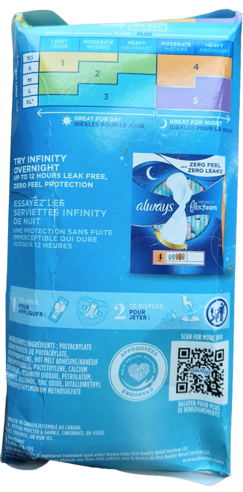 Always Infinity FlexFoam SIZE 2 Heavy Flow Pads 10hr Leak Guard Flex-wing 32ct