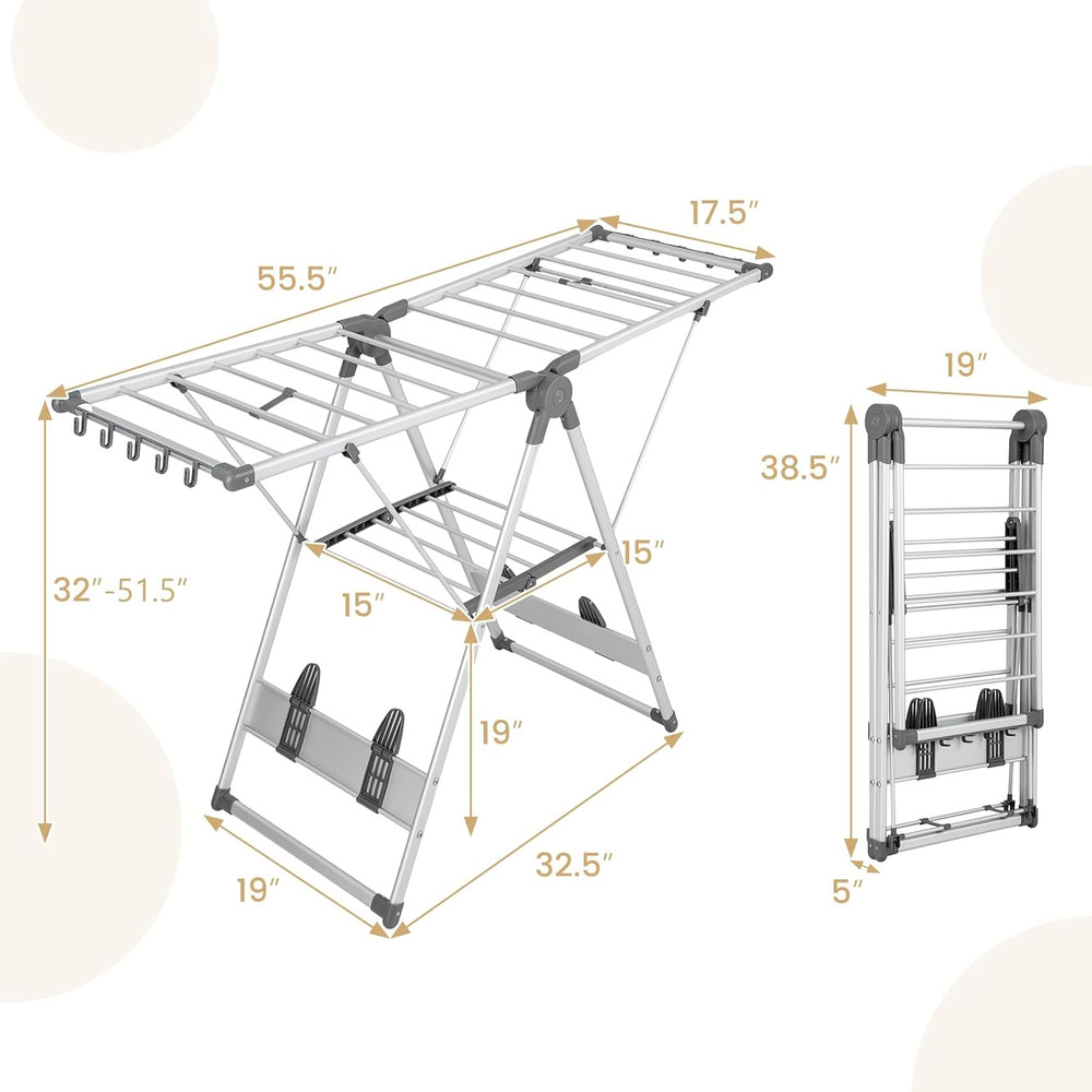 Space-Saving Collapsible 2-Layer Aluminum Drying Rack with Adjustable Wings