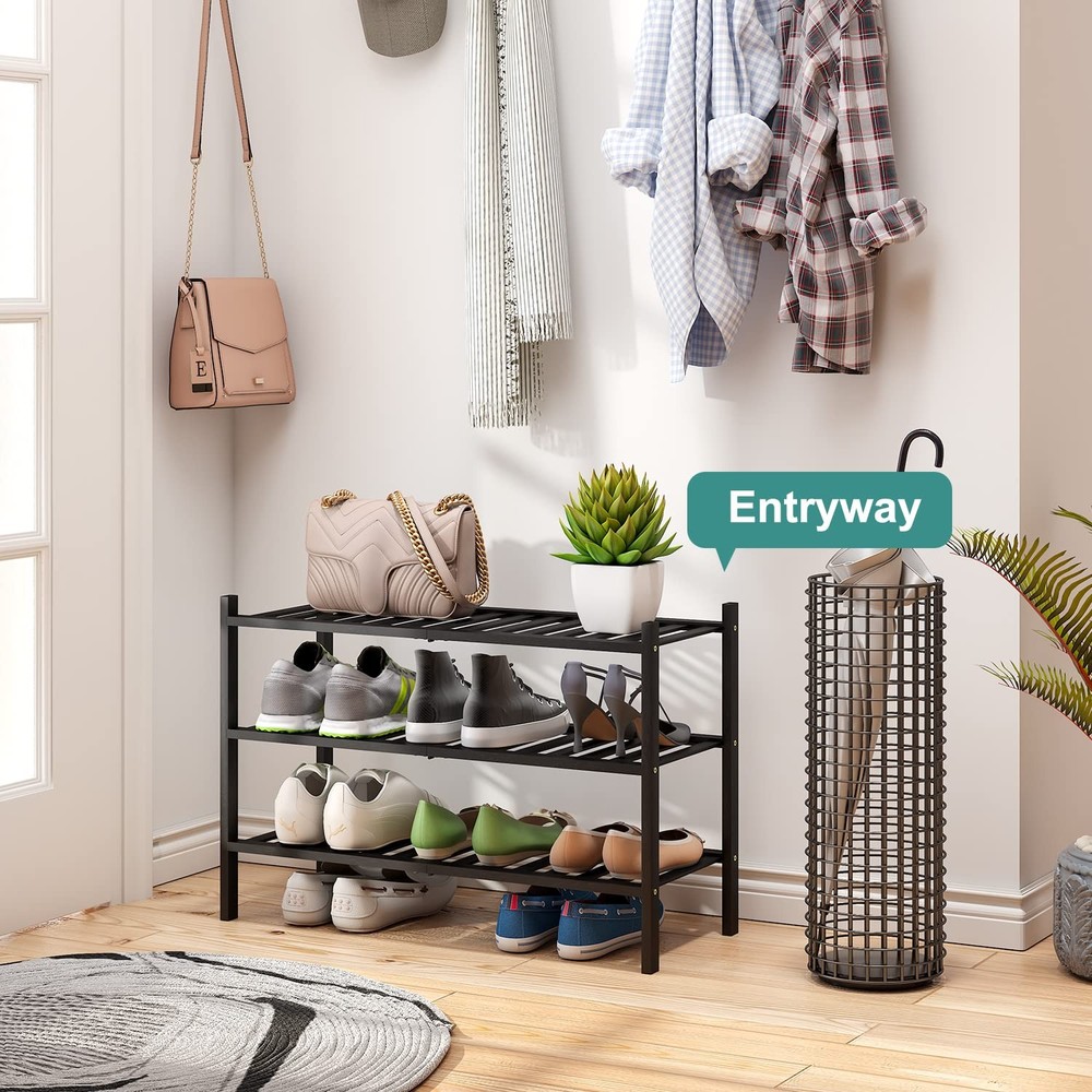viewcare 3Tier Black Bamboo Shoe Rack Stackable Foldable Entryway