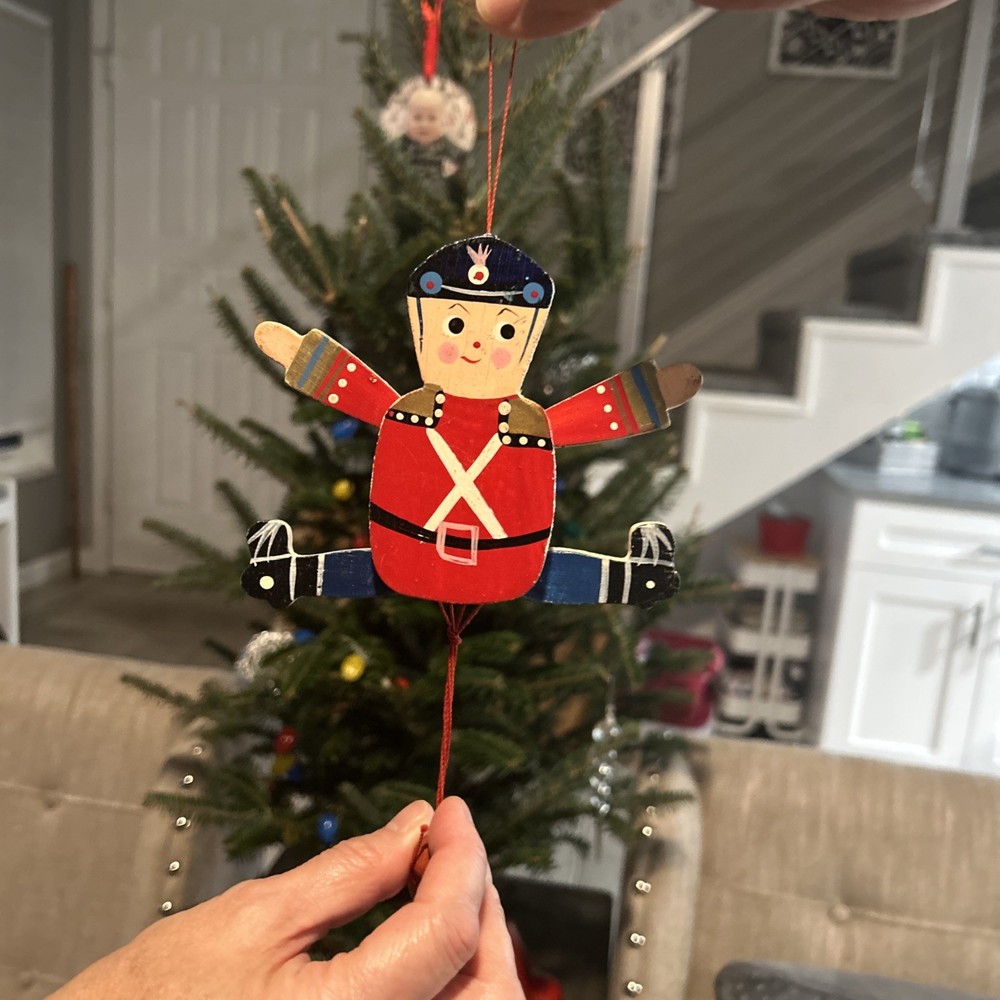 String Pull Puppet Soldier Ornament / Toy - Hand Painted - 5” - Vintage