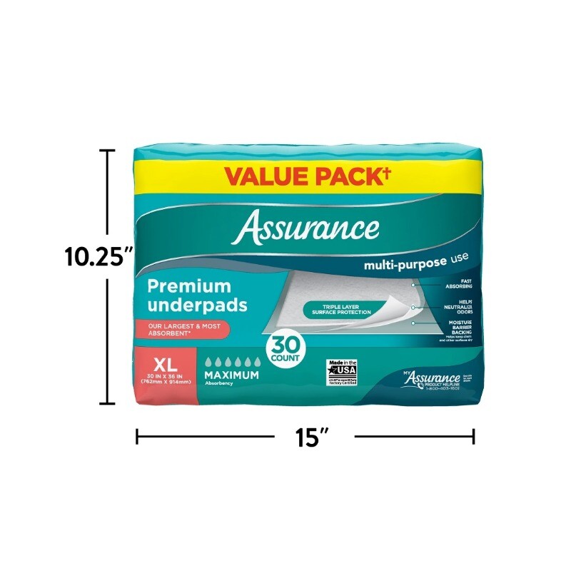 Assurance Unisex Premium Quilted Underpad, Maximum Absorbency, XL (30 Count)