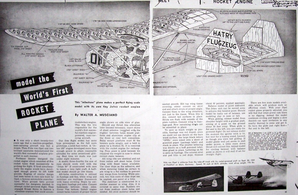 ROCKET PLANE PLAN & CONSTRUCTION ARTICLE for 28" Jetex Scale FF Model Airplane