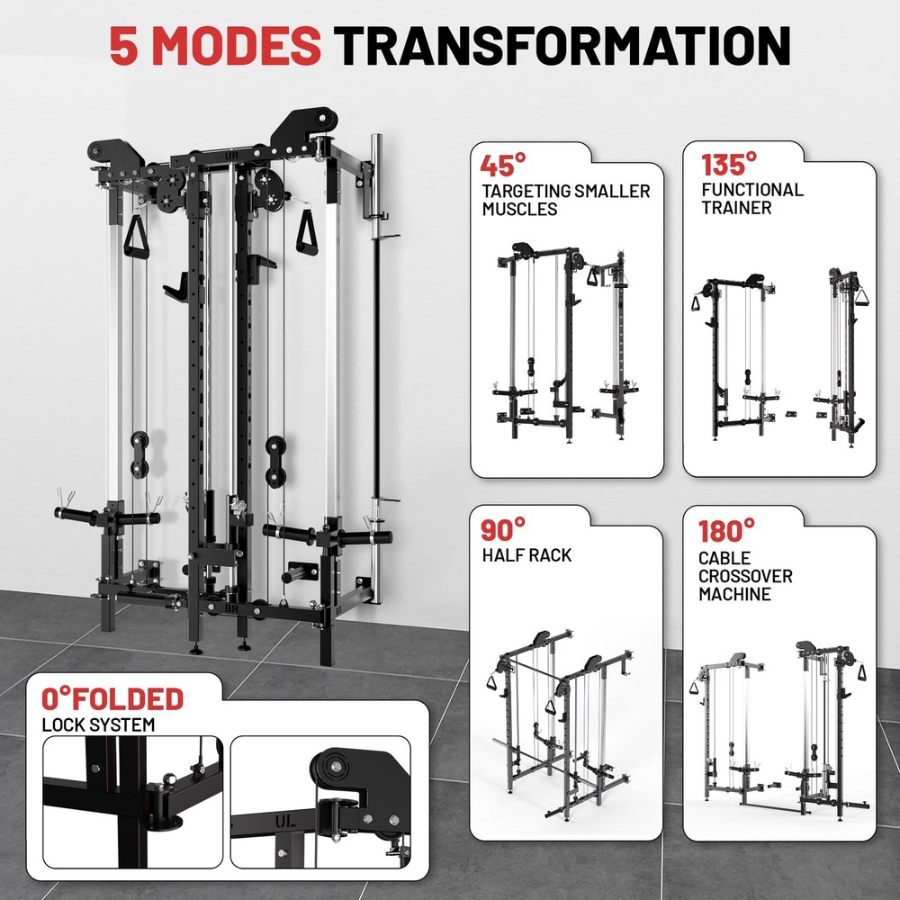 Wall Mount Smith Machine Folding Power Rack w/Pulley System Squat Rack Power Cag