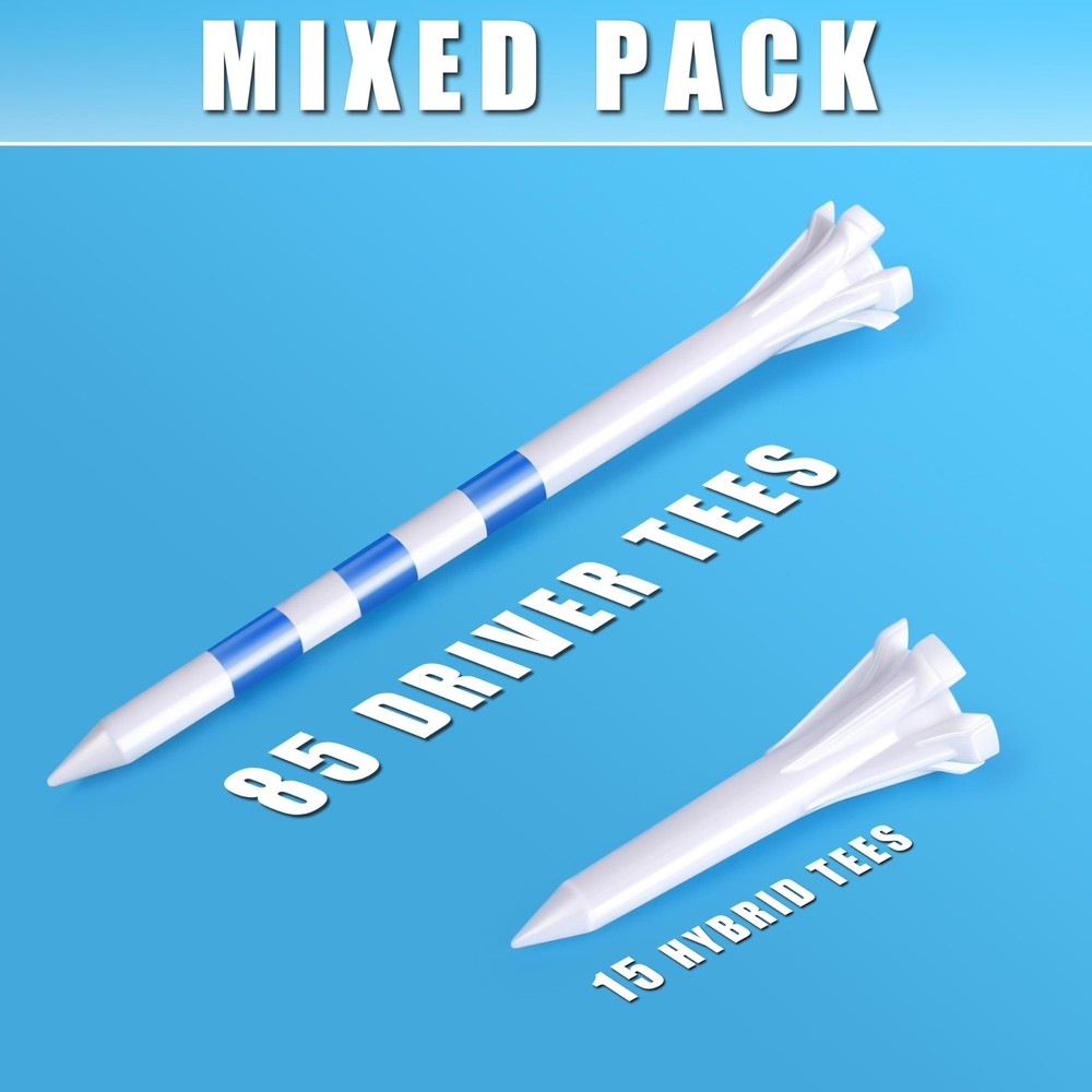 Plastic Golf Tees 100 Pack, Distance Performance, 5 Prong Design, White