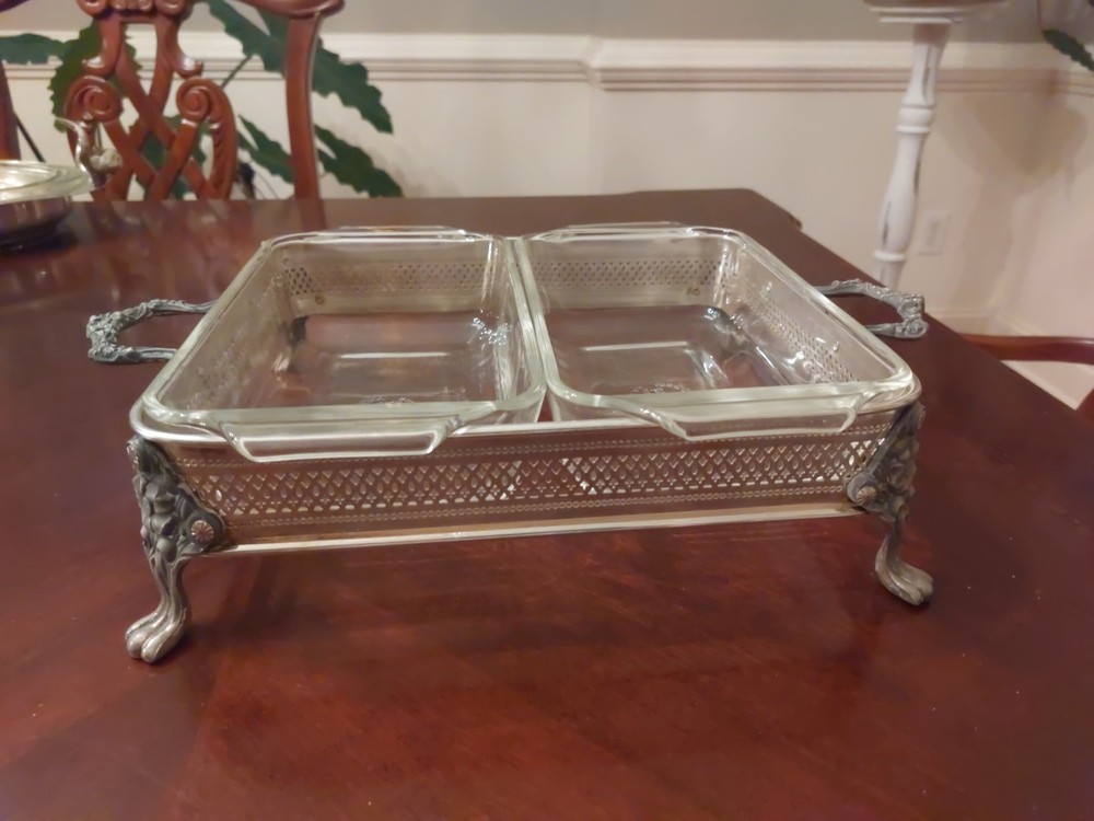 Vintage Silverplate Buffet Server W/Double "FIREKING" Loaf Dishes Ornate Footed