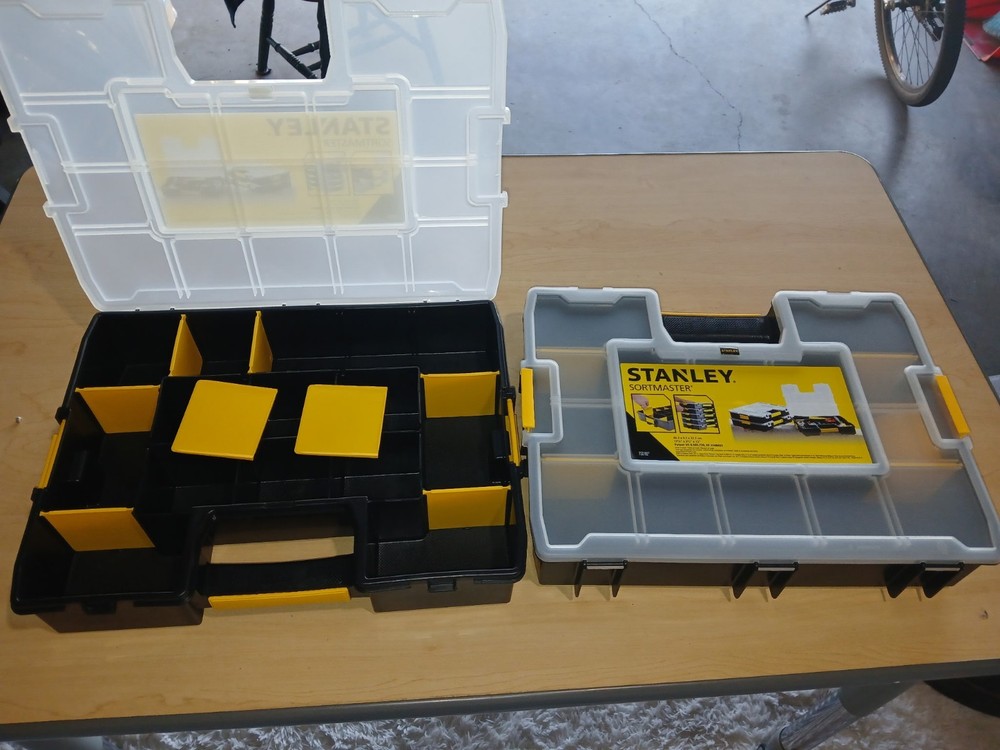 8 Stanley SortMaster Stackable Tool Boxes, Organizer Trays, Black/Yellow/Gray