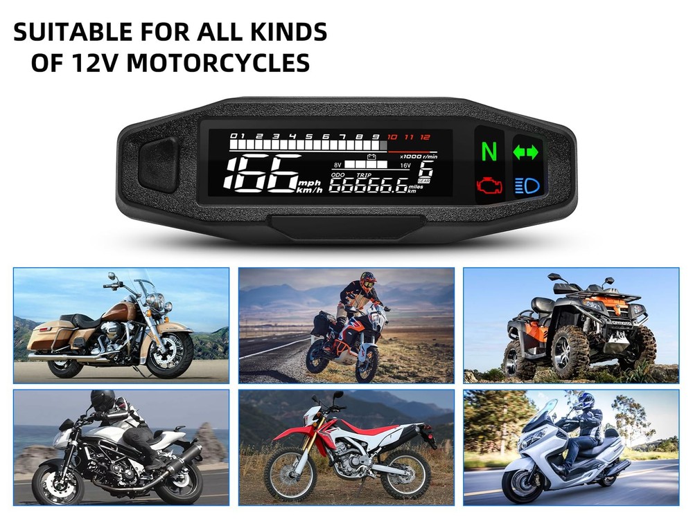 Motorcycle Digital Speedometer, Tachometer with LCD Display, Indicator, Rear...