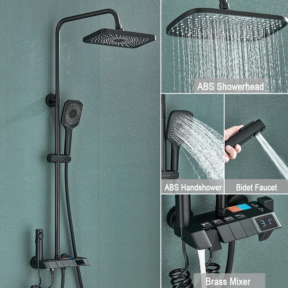 Black Bathroom Shower System w/ Digital Display Exposed Rainfall Shower Fixture