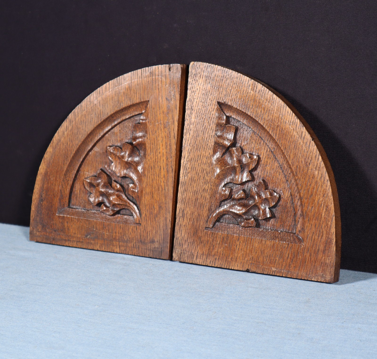 Pair of Gothic Carved French Architectural Panels/Trim in Solid Oak Wood Salvage