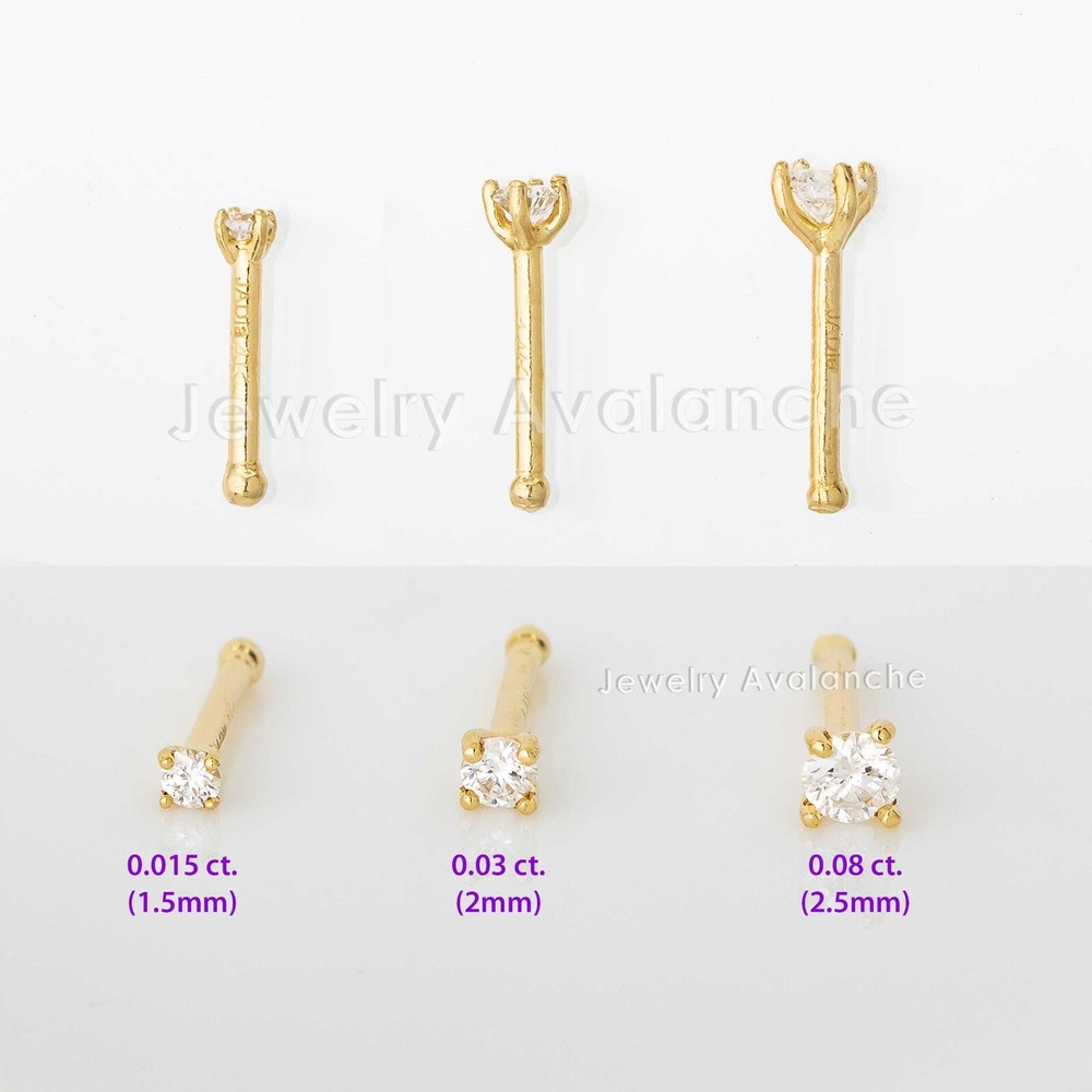 Solid 20G 14K Gold Diamond Ball-end Nose Ring Stud, Nose Bone Stud Prong Set
